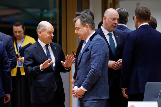 Germany’s Chancellor Olaf Scholz, centre left, speaking to Belgium’s Prime Minister Bart De Wever