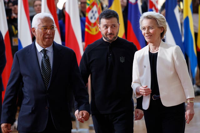 European Council President Antonio Costa, Ukraine’s President Volodymyr Zelensky and European Commission President Ursula von der Leyen