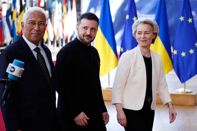 European Council president Antonio Costa, Ukraine’s President Volodymyr Zelensky and European Commission president Ursula von der Leyen