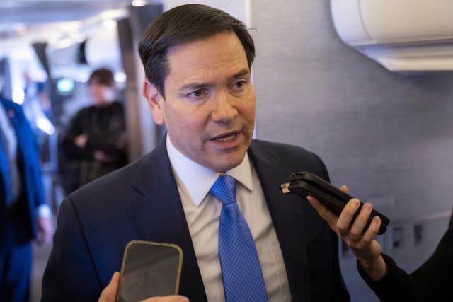 US Secretary of State Marco Rubio speaks to the media on his military plane