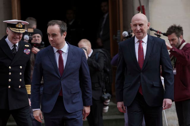 French Defense Minister Sebastien Lecornu, left, and Britain’s Defence Secretary John Healey arrive to discuss support for Ukraine and European defence, in Paris