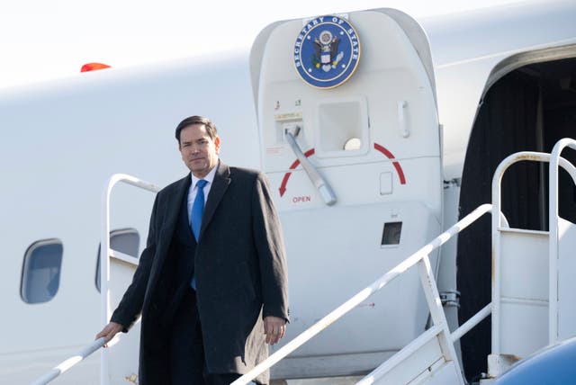 U.S. Secretary of State Marco Rubio disembarks from a military airplane upon arrival at Quebec City Jean Lesage International Airport in Quebec, Canada