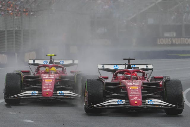 Lewis Hamilton follows Ferrari team-mate Charles Leclerc around the track in wet conditions