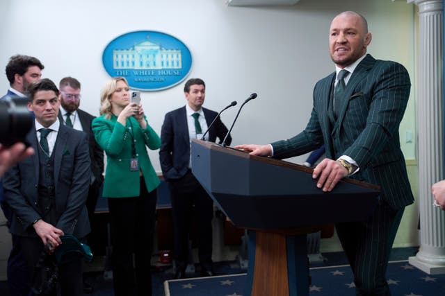 Conor McGregor speaking to reporters in the briefing room of the White House