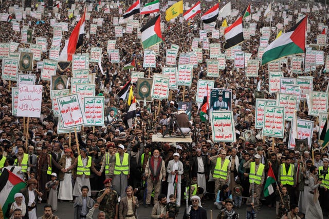 Houthi supporters chant slogans during an anti-US and anti-Israel rally in Sanaa, Yemen 