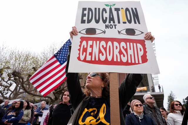 People rally at the University of California, Berkeley campus to protest the Trump administration in California