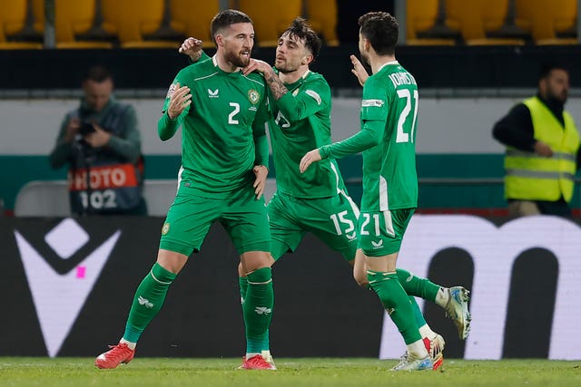 Ireland’s Matt Doherty (left) celebrates (Tony Uzunov/AP)