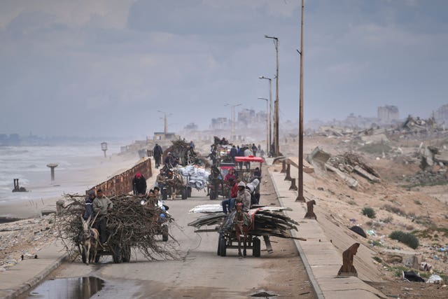 Displaced Palestinians using horse-drawn carts move between southern and northern Gaza