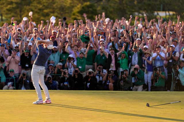 Rory McIlroy celebrates winning the Masters