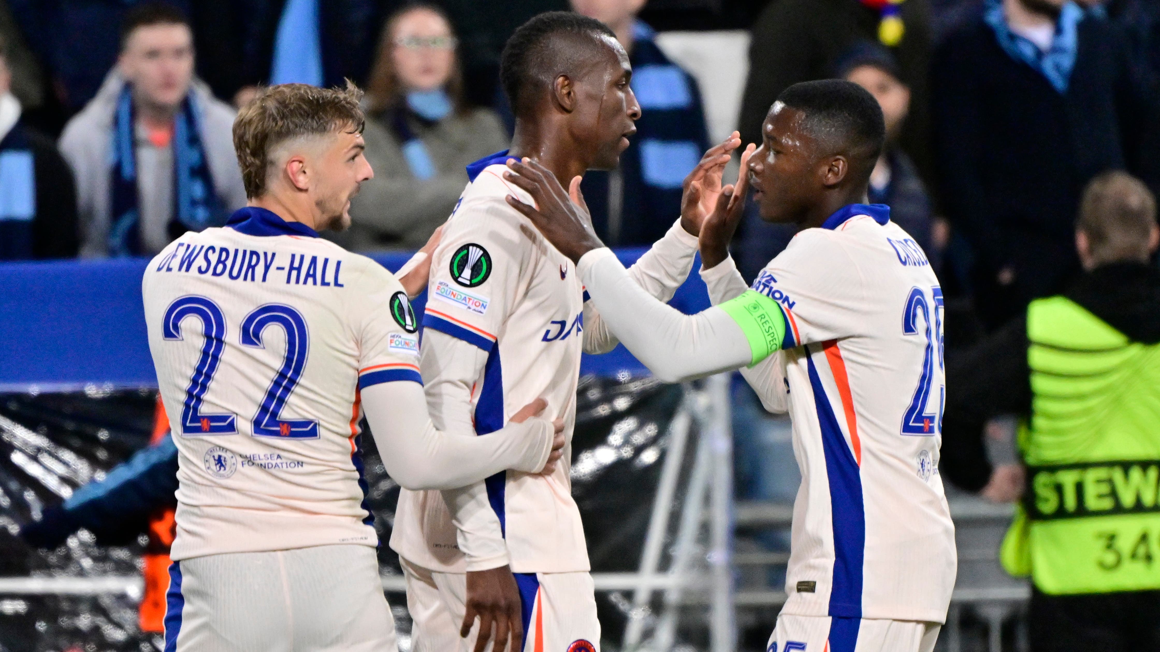 Chelsea’s Nicolas Jackson, centre, is congratulated by Kiernan Dewsbury-Hall, left, and Moises Caicedo, right (Jonas Ekstromer/TT/AP)