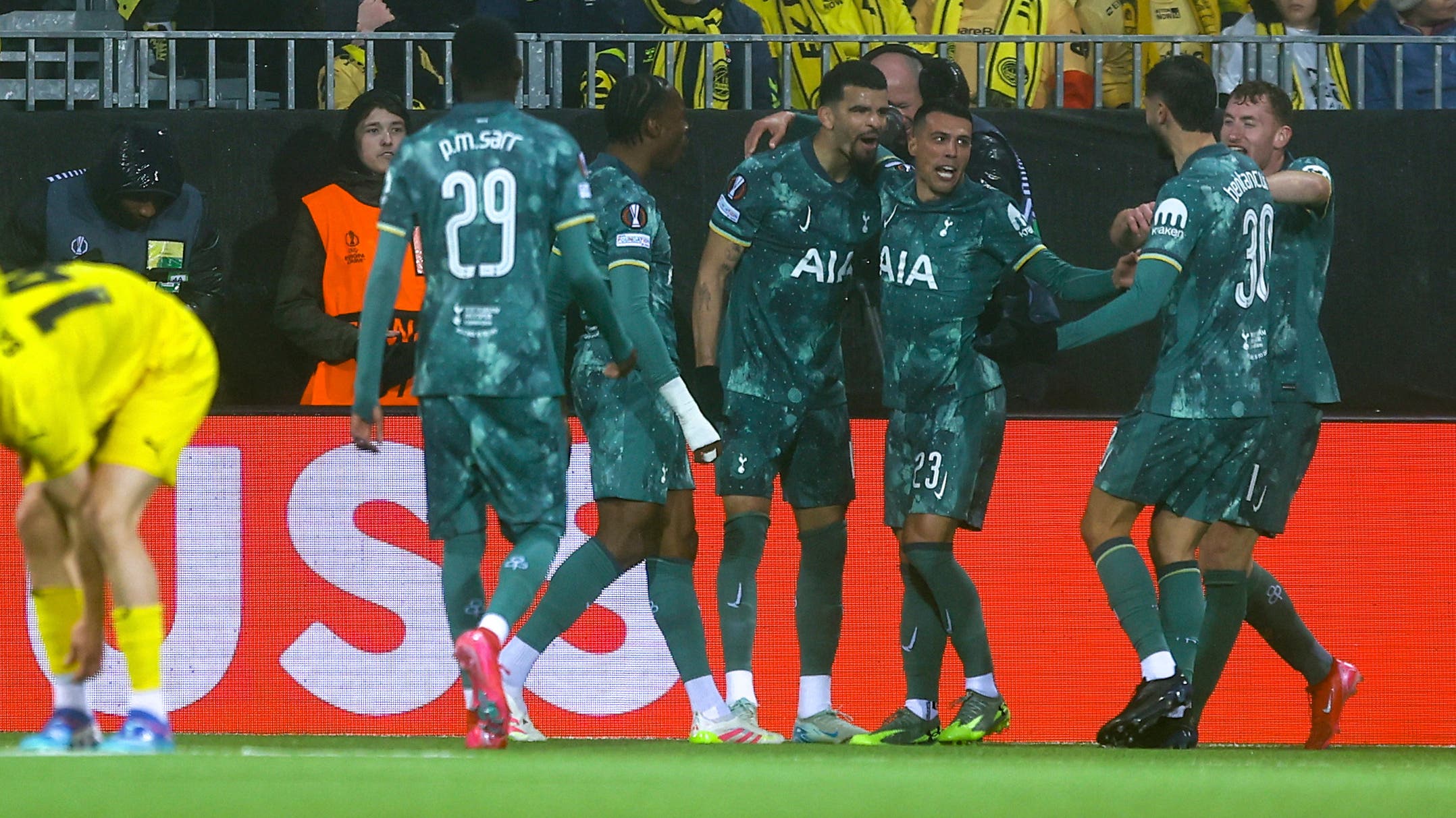 Tottenham’s Pedro Porro, third from right, helped fire his team into the Europa League final (Stian Lysberg Solum /NTB/AP)