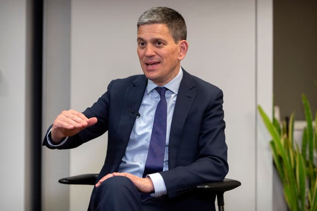 David Miliband, president and chief executive of the International Rescue Committee, speaks during an interview with the Associated Press in Washington