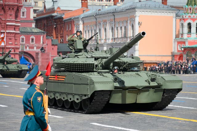 Russian T-80 BVM tanks roll in Red Square