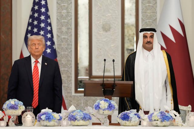 Trump and Qatar’s emir Sheikh Tamim bin Hamad Al Thani in Doha, Qatar