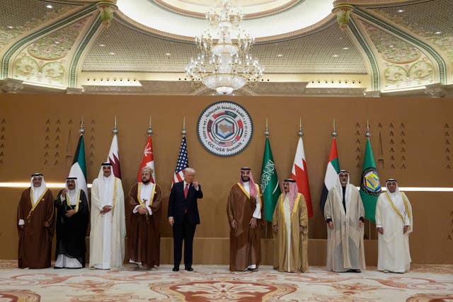 President Donald Trump, fifth left, attends a group photo session with Saudi Crown Prince Mohammed bin Salman, fourth right, with United Arab Emirates Crown Prince Sheikh Khaled bin Mohamed bin Zayed Al Nahyan, second right, Bahrain’s Crown Prince and Prime Minister Salman bin Hamad Al Khalifa, left, Qatar’s Emir Sheikh Tamim bin Hamad Al Thani, third left, Kuwait’s Crown Prince Mishal Al-Ahmad Al-Jaber Al-Sabah, second left, Gulf Cooperation Council Secretary-General Jasem Mohamed Albudaiwi, right, during the GCC Summit in Riyadh, Saudi Arabia