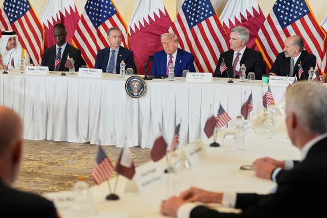 US president Donald Trump speaks at a business roundtable in Doha, Qatar