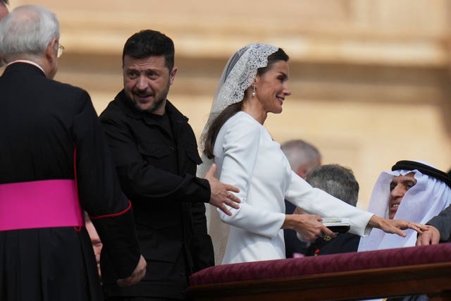 Ukraine’s President Volodymr Zelenskyy and Queen Letizia of Spain arrive for the Pope Leo XIV’s formal inauguration
