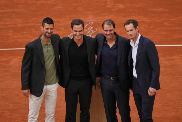 Rafa Nadal, second right, poses with, from left, Novak Djokovic, Roger Federer and Andy Murray,