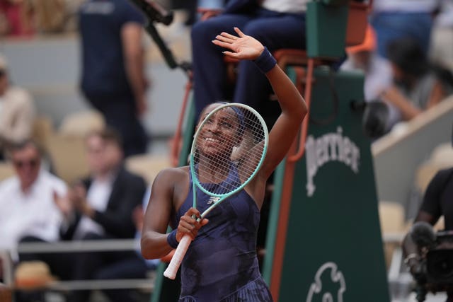 Coco Gauff celebrates after Russia’s Ekaterina Alexandrova at Roland Garros