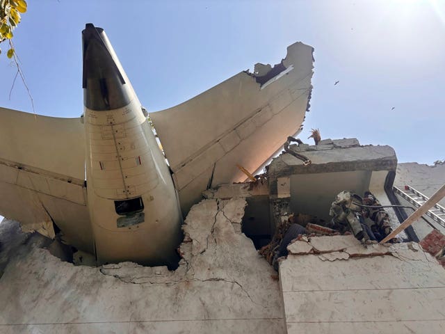 A photo shared by India’s Central Industrial Security Force (CISF) shows debris of a plane that crashed in the northwestern Indian city of Ahmedabad, in Gujarat state 