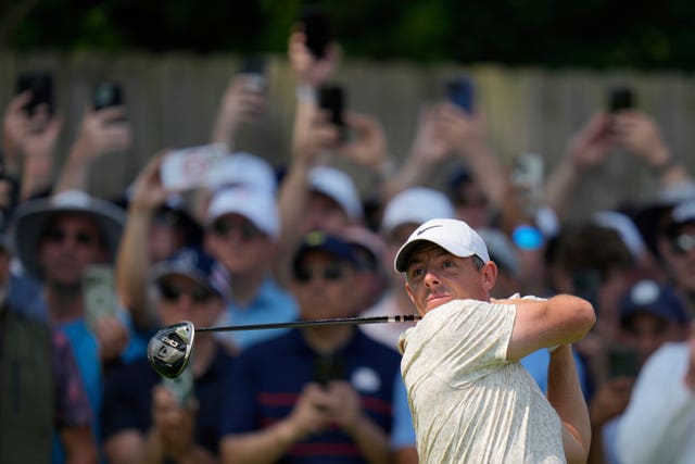 Rory McIlroy tees off on the second hole during the first round of the US Open