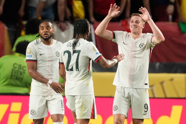 Chelsea’s Liam Delap celebrates scoring against Esperance Tunis