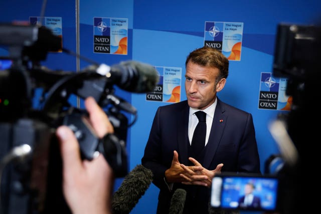 French President Emmanuel Macron speaks during a media conference at the Nato summit in The Hague, Netherlands