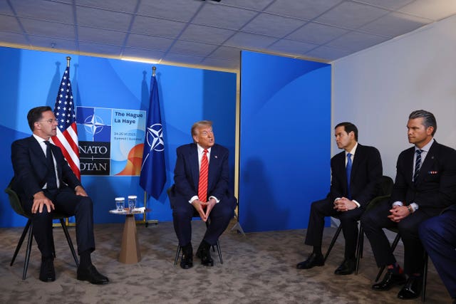 From right, US defence secretary Pete Hegseth, secretary of state Marco Rubio and President Donald Trump during a meeting with Nato secretary general Mark Rutte at the Nato summit in The Hague, Netherlands