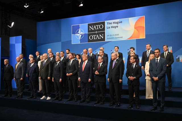 Netherlands’ Prime Minister Dick Schoof, front row from fifth left, Nato secretary general Mark Rutte, US President Donald Trump, Britain’s Prime Minister Keir Starmer and Turkey’s President Recep Tayyip Erdogan pose with Nato country leaders for a family photo during the Nato summit in The Hague, Netherlands