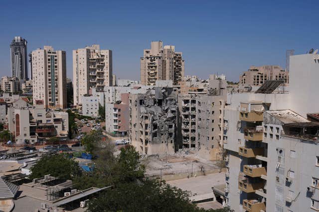 A heavily damaged building in a residential area in Beersheba, Israel