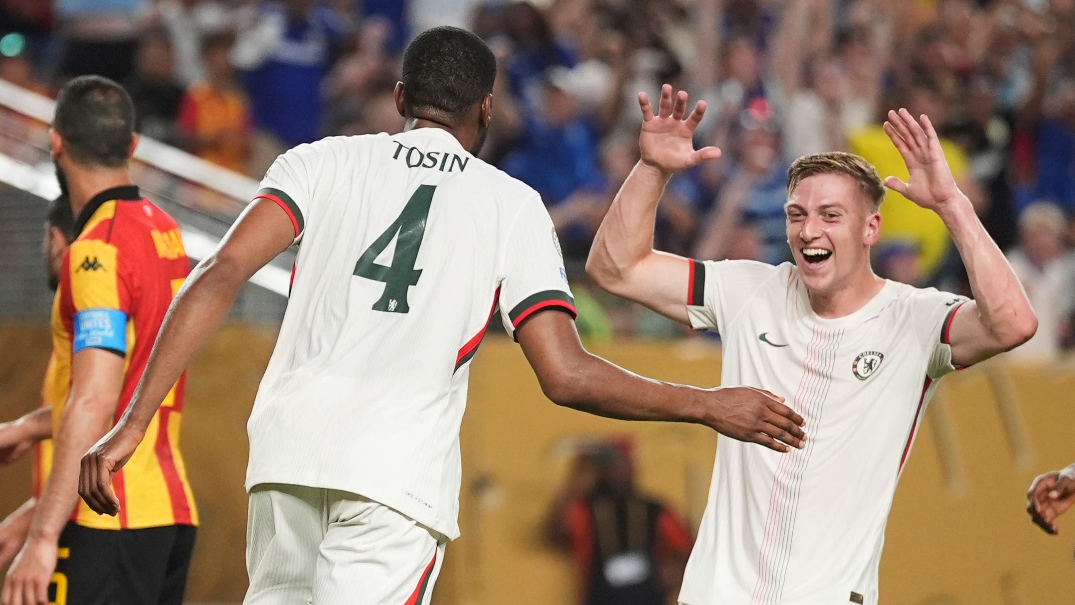 Chelsea’s Tosin Adarabioyo, left, is congratulated by teammate Liam Delap after scoring his team’s first goal during the Club World Cup Group D soccer match between Esperance Tunisie and Chelsea in Philadelphia (AP Photo/Matt Slocum)