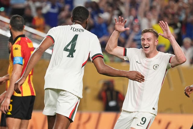 Tosin Adarabioyo (left) is congratulated by Liam Delap after scoring Chelsea's opener