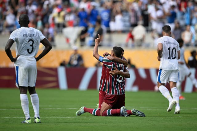 Fluminense’s Thiago Santos (left) and Thiago Silva celebrate after their Club World Cup win over Al-Hilal
