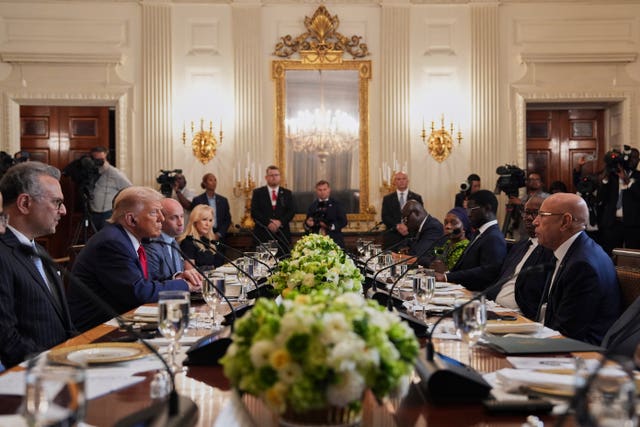 US President Donald Trump speaks during a lunch with African leaders including Senegalese President Bassirou Diomaye Faye, Liberian President Joseph Nyuma Boakai, Bissau-Guinean President Umaro Sissoco Embalo, Mauritanian President Mohamed Ould Ghazouani and Gabonese President Brice Oligui Nguema in the State Dining Room of the White House in Washington 