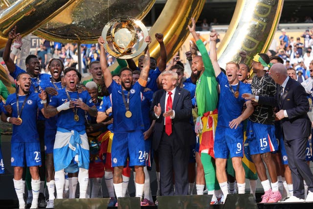 Chelsea celebrate winning the Club World Cup alongside US President Donald Trump