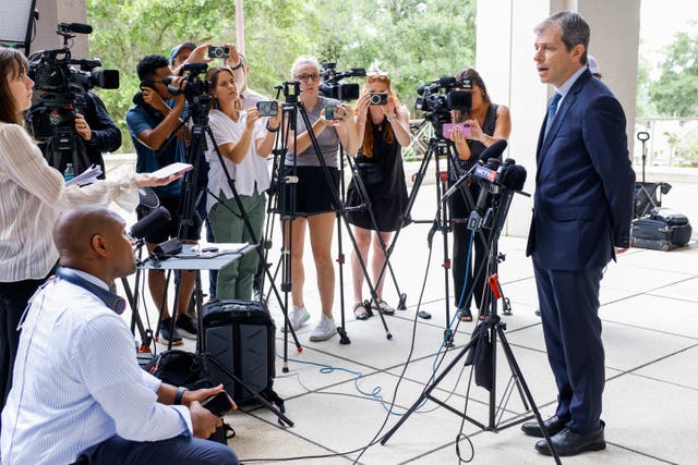 David Oscar Markus, a lawyer for Ghislaine Maxwell, talks to the media outside the federal courthouse in Tallahassee, Florida after deputy attorney general Todd Blanche met with Maxwell, the imprisoned former girlfriend of financier and convicted sex offender Jeffrey Epstein