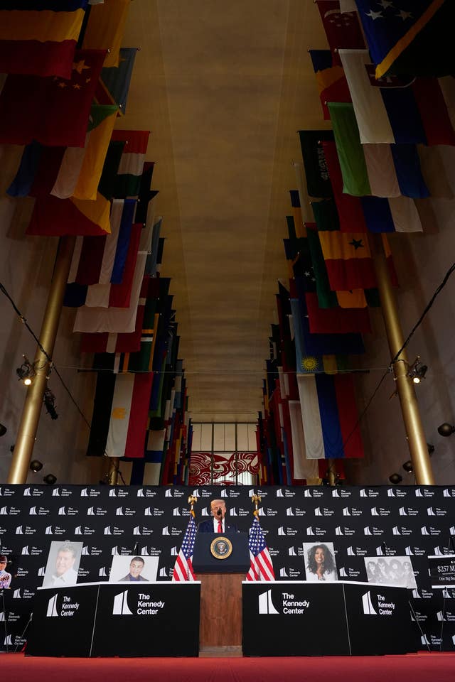 President Donald Trump speaks at the Kennedy Centre in Washington 