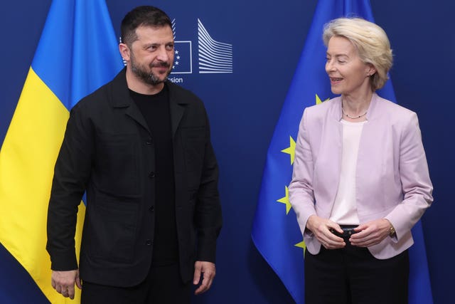 European Commission President Ursula von der Leyen greets Ukraine’s President Volodymyr Zelenskyy prior to a meeting at EU headquarters in Brussels 