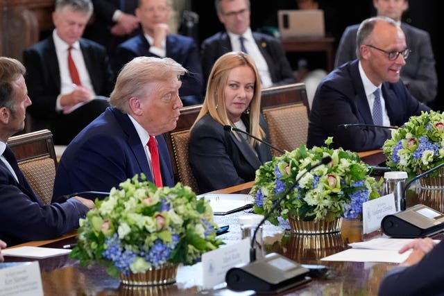 France’s President Emmanuel Macron, from left, US President Donald Trump, Italy’s Prime Minister Giorgia Meloni and Germany’s Chancellor Friedrich Merz at the White House 