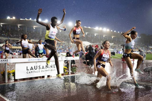 Athletes in the women's 3000m steeplechase race at the Diamond League meeting in Lausanne, Switzerland 