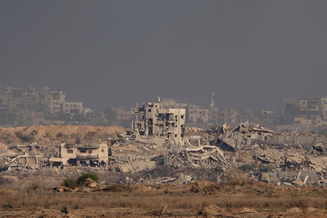 Buildings that were destroyed during the Israeli ground and air operations in the Gaza Strip as seen from southern Israel