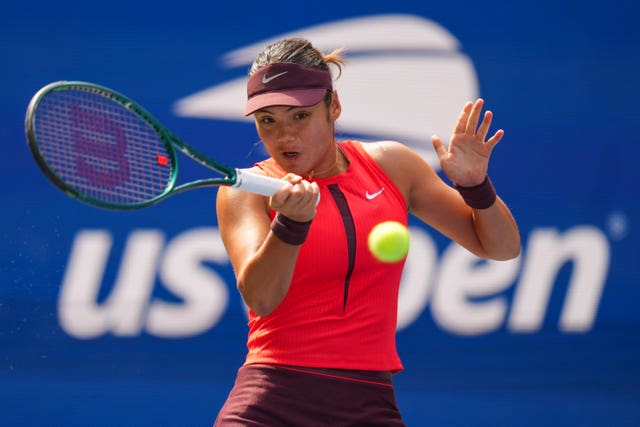 Emma Raducanu hits a forehand