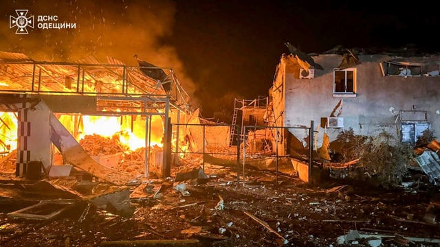 A fire caused by a Russian missile attack in Tatarbunary, Ukraine 