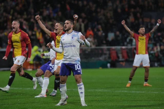 Aston Villa’s Emiliano Buendia reacts after missing a penalty 