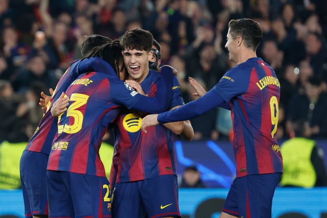 Barcelona's players celebrate a goal
