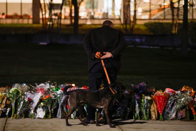 A man walks a dog close to a memorial near Brown University’s Barus and Holley building in Providence
