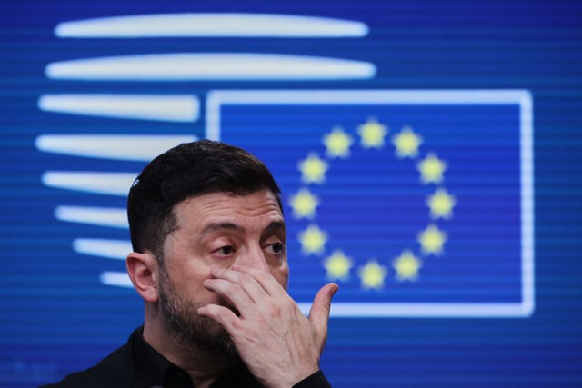 Ukraine President Volodymyr Zelensky addresses a media conference during the EU Summit in Brussels
