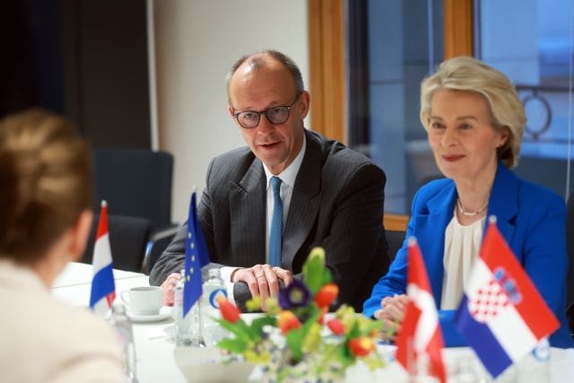 European Commission president Ursula von der Leyen and Germany’s Chancellor Friedrich Merz at a round table meeting at the EU summit