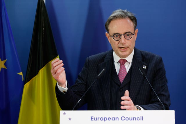 Belgium’s Prime Minister Bart De Wever speaks during a media conference at the EU Summit in Brussels 