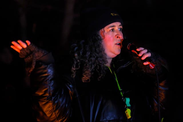 Minnesota state representative Aisha Gomez addressing people who gathered for a vigil after the fatal shooting on Wednesday